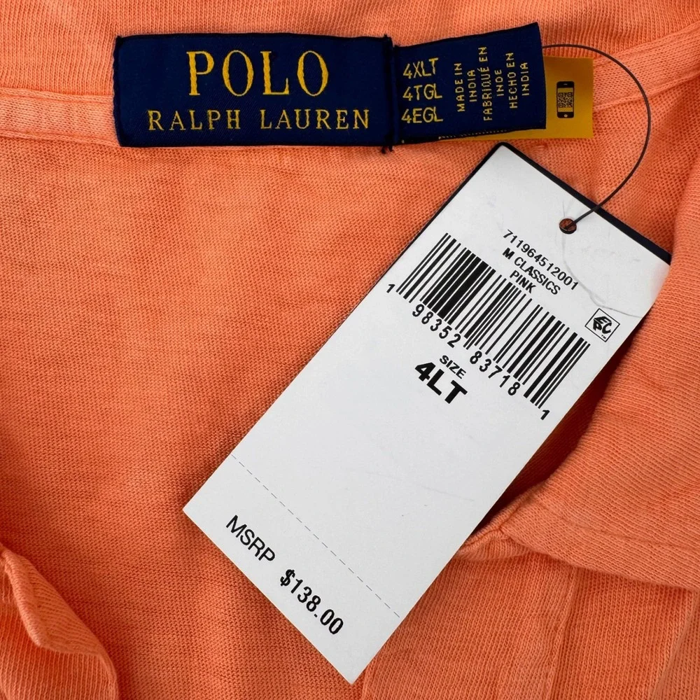 Polo Ralph Lauren Polo Shirt Men 4LT Orange Cotton Linen V-Neck Pocket 9675